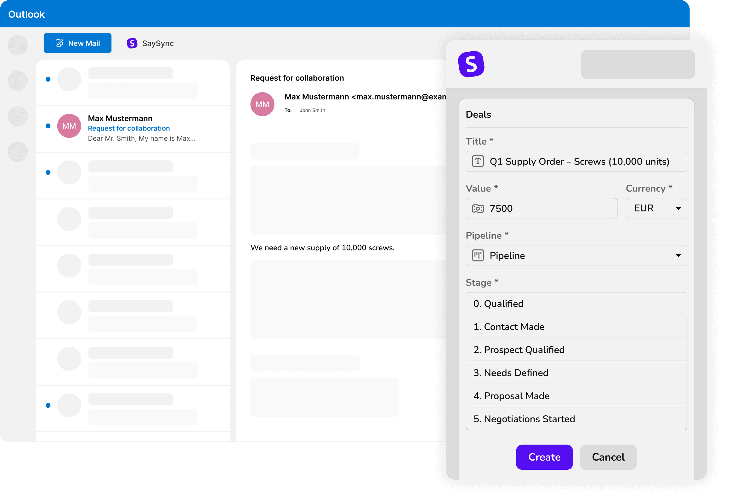 Create new Pipedrive deals in Outlook